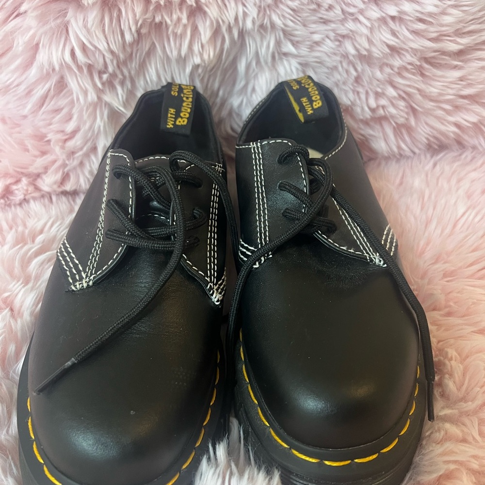 Dr. Martens Black Platform Shoes with Yellow Stitching
